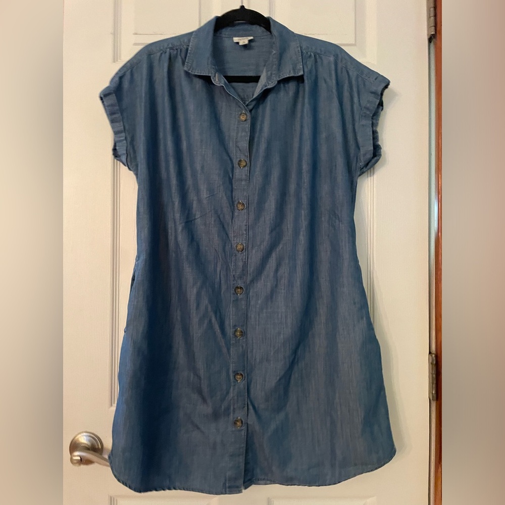 a.n.a Blue Button-Front Chambray Midi Shirt Dress with pockets
